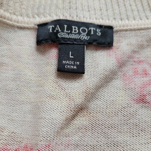 Talbots Womens Floral Cardigan Sweater L Beige & Pink Beaded Accents - Picture 6 of 9